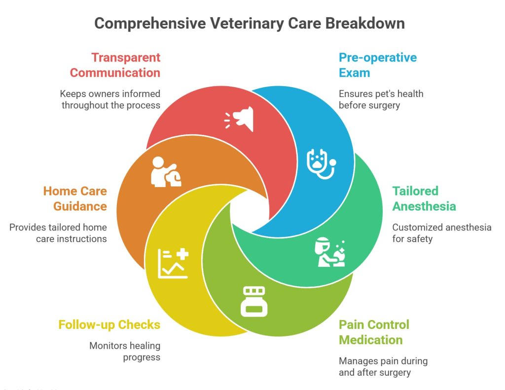 Infographic of comprehensive veterinary care in Vancouver showing transparent communication, pre-operative exam, tailored anesthesia, pain control, follow-up checks, and home care guidance.