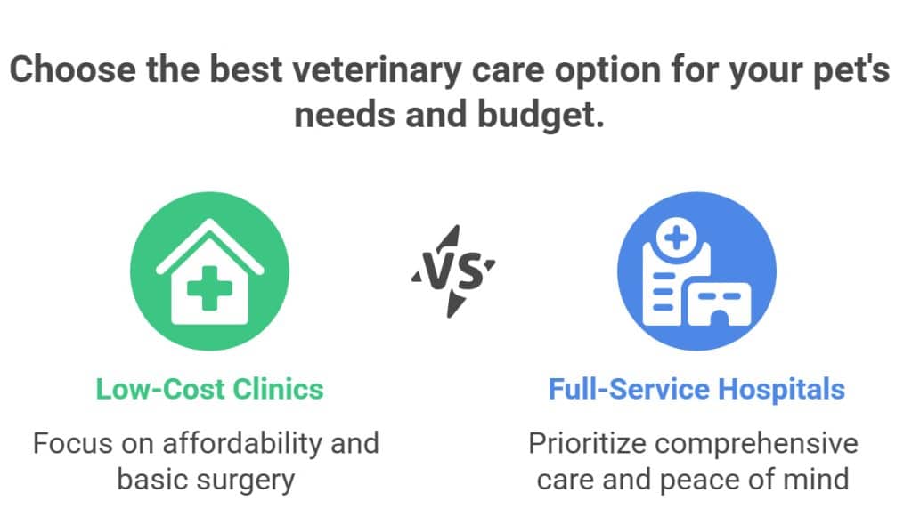 Infographic comparing low-cost vet clinics and full-service veterinary hospitals in Vancouver for spay and neuter surgery.
