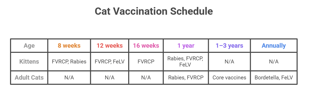 Infographic showing the cat vaccination schedule for kittens and adult cats at Beach Avenue Animal Hospital
