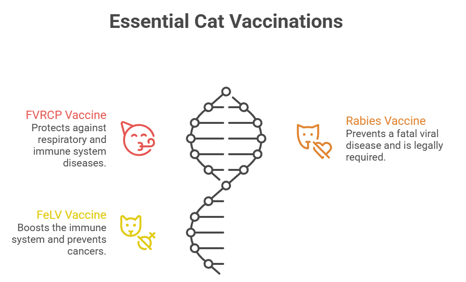 Infographic showing essential cat vaccinations: FVRCP, FeLV, and Rabies vaccines
